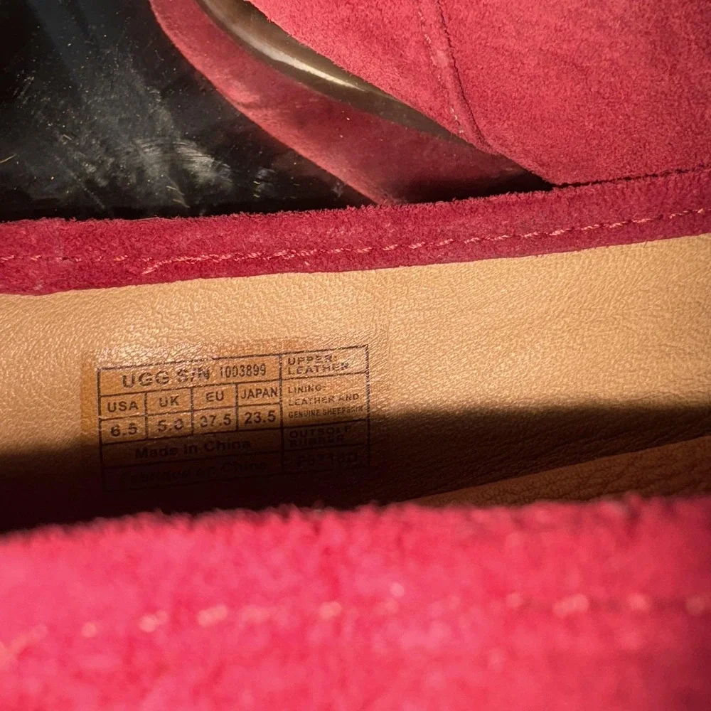 UGG Shoes Womens Size 6.5 Red Suede Ballet Flats Bow‎ Shearling Lined Loafers